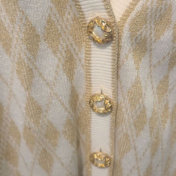 Size 10 Ami Knits Off White And Gold Diamond Pattern Cardigan - Picture 3 of 4